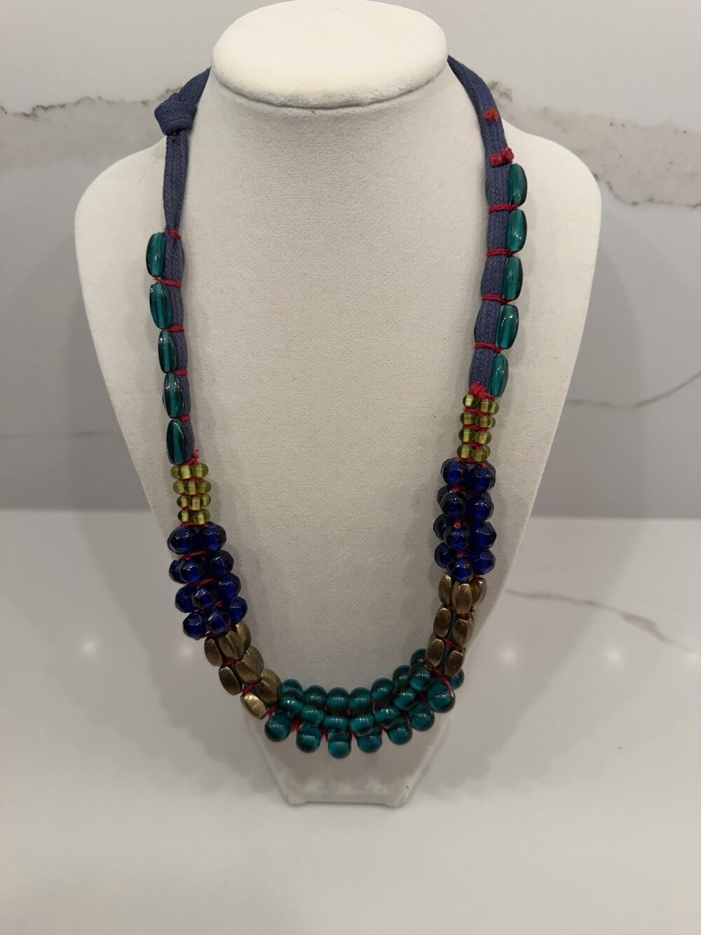 Artisan Boho Necklace Teal Cobalt Glass Beads Textile Cord Statement Jewelry